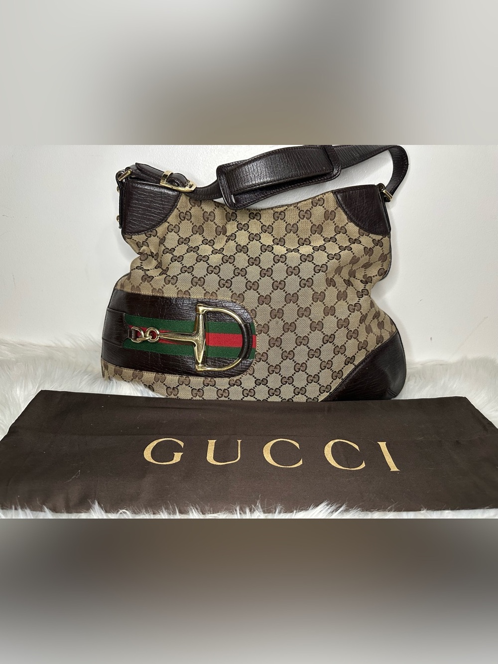 Gucci Monogram Canvas Horsebit Shoulder Bag